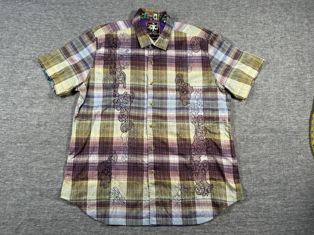 Robert Graham Cotton Button Shirt Mens Extra Large Vibrant Plaid Short Sleeve